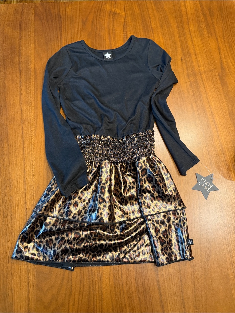 Pixie Lane Girls' Black Top with Leopard Print Skirt Dress